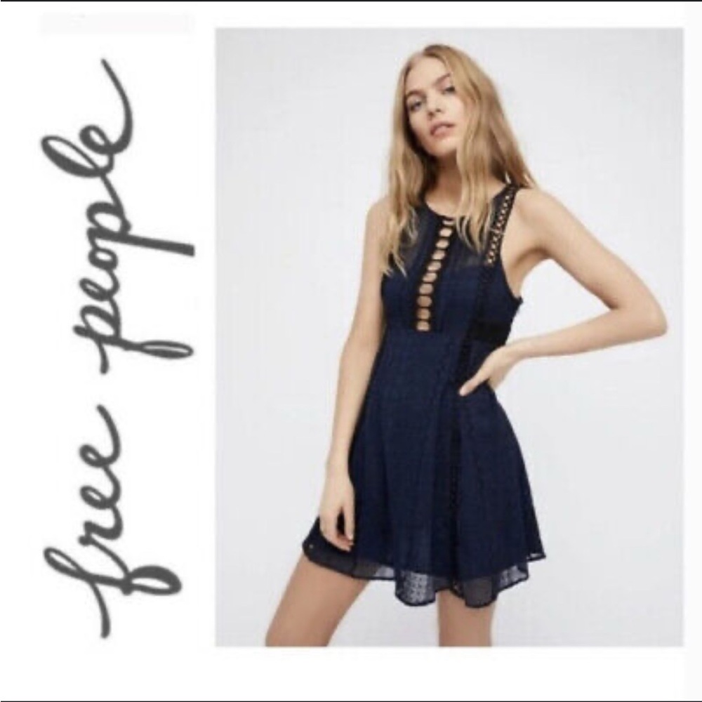 FREE PEOPLE Navy Blue Lace Crochet Mini Dress
